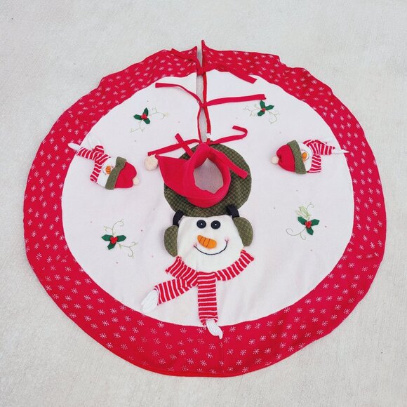 Vintage Snowman Plush Christmas Tree Skirt Red White - Picture 2 of 9